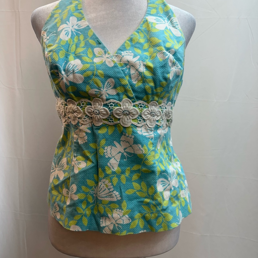 Lilly Pulitzer Turquoise, White & Lime Floral Halter Tank Top